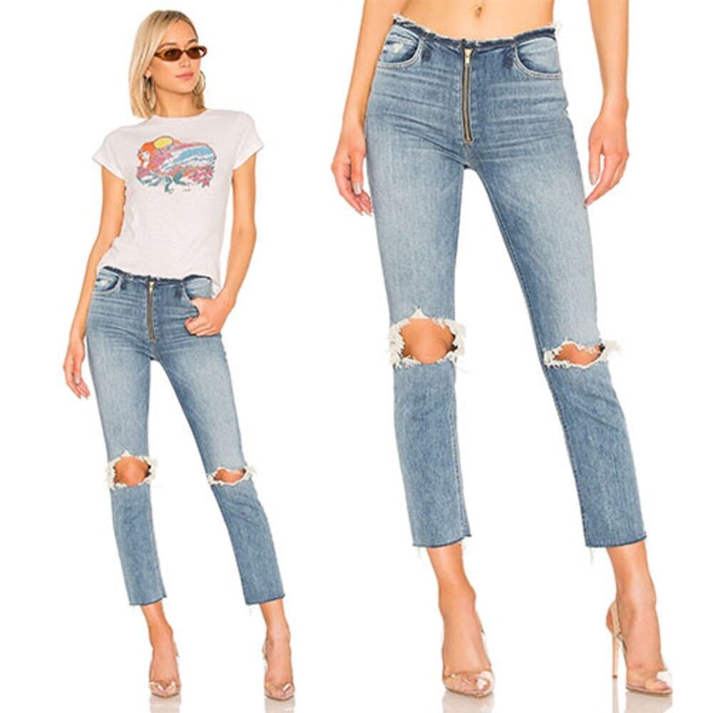 NWT Mother The Dazzler XYZ Double Fray Distressed Mid Rise Jeans Blue Size: 26